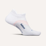 Feetures Elite Light Cushion No-Show Tab sock in white with rose pink heel accent