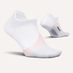 Feetures Elite Light Cushion Tab socks in white with rose pink accent, shown from two angles