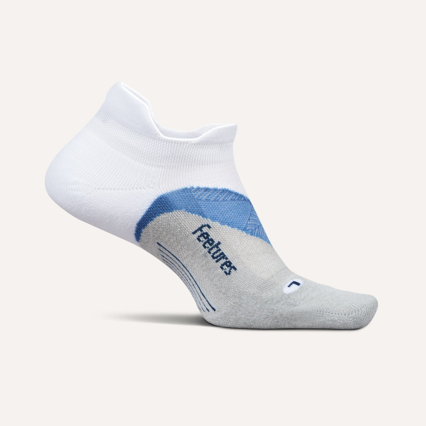 Feetures Elite Light Cushion No-Show Tab sock in white with blue and gray accents