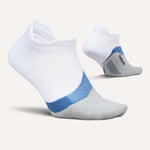 Feetures Elite Light Cushion No-Show Tab socks in white and blue colorway