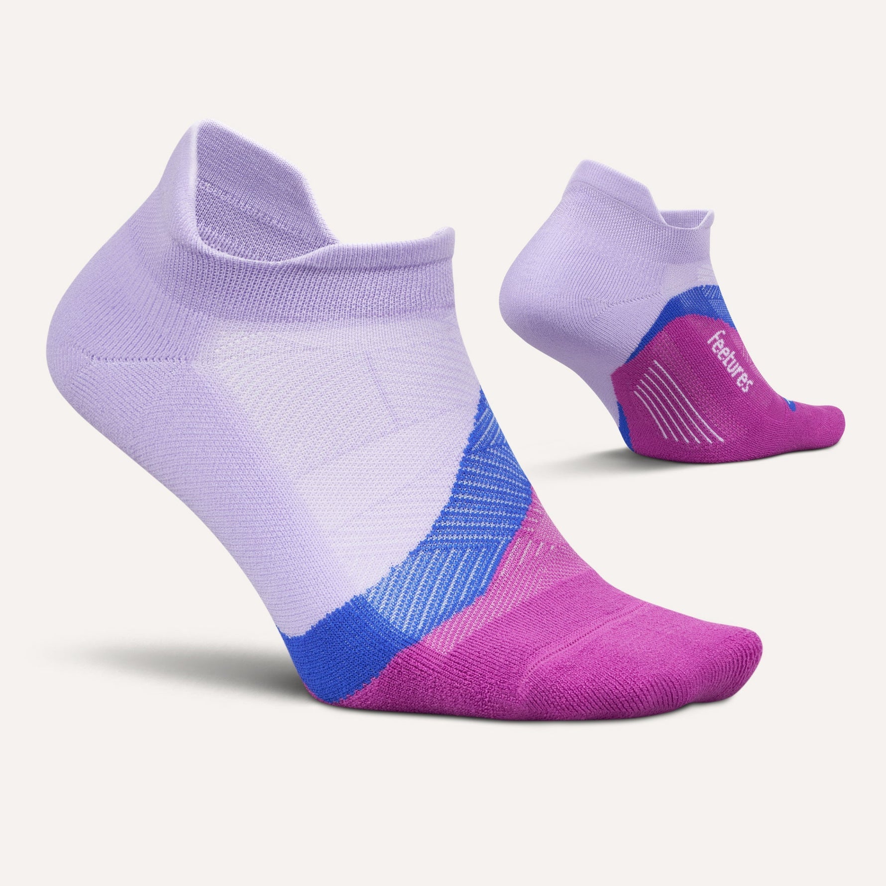 Feetures Elite Light Cushion No-Show Tab socks in Lilac Breeze with pink and blue accents