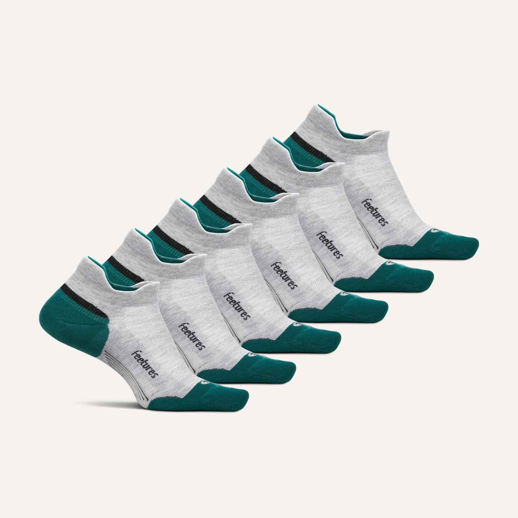 Feetures Elite Max Cushion No-Show Tab socks in Stone Ivy, six-pack display