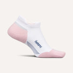 Feetures Elite Max Cushion Tab sock in white with pink heel and toe