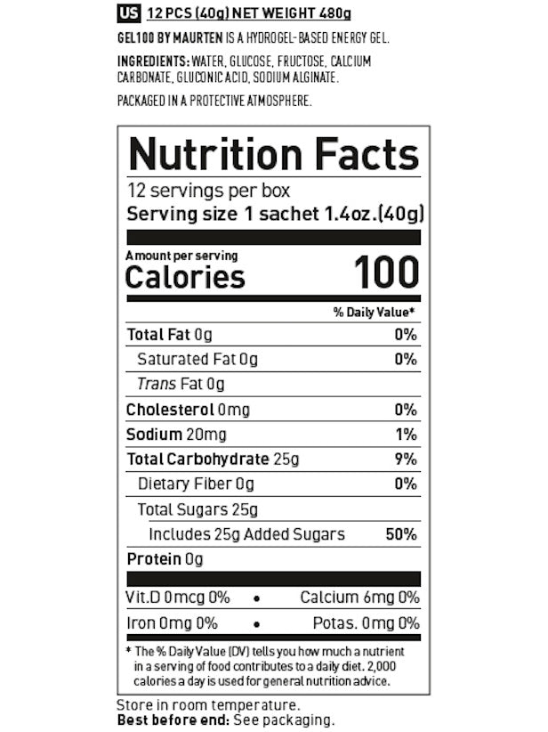 Maurten Gel 100 nutrition facts label showing 100 calories per 40g sachet, 12 servings per box