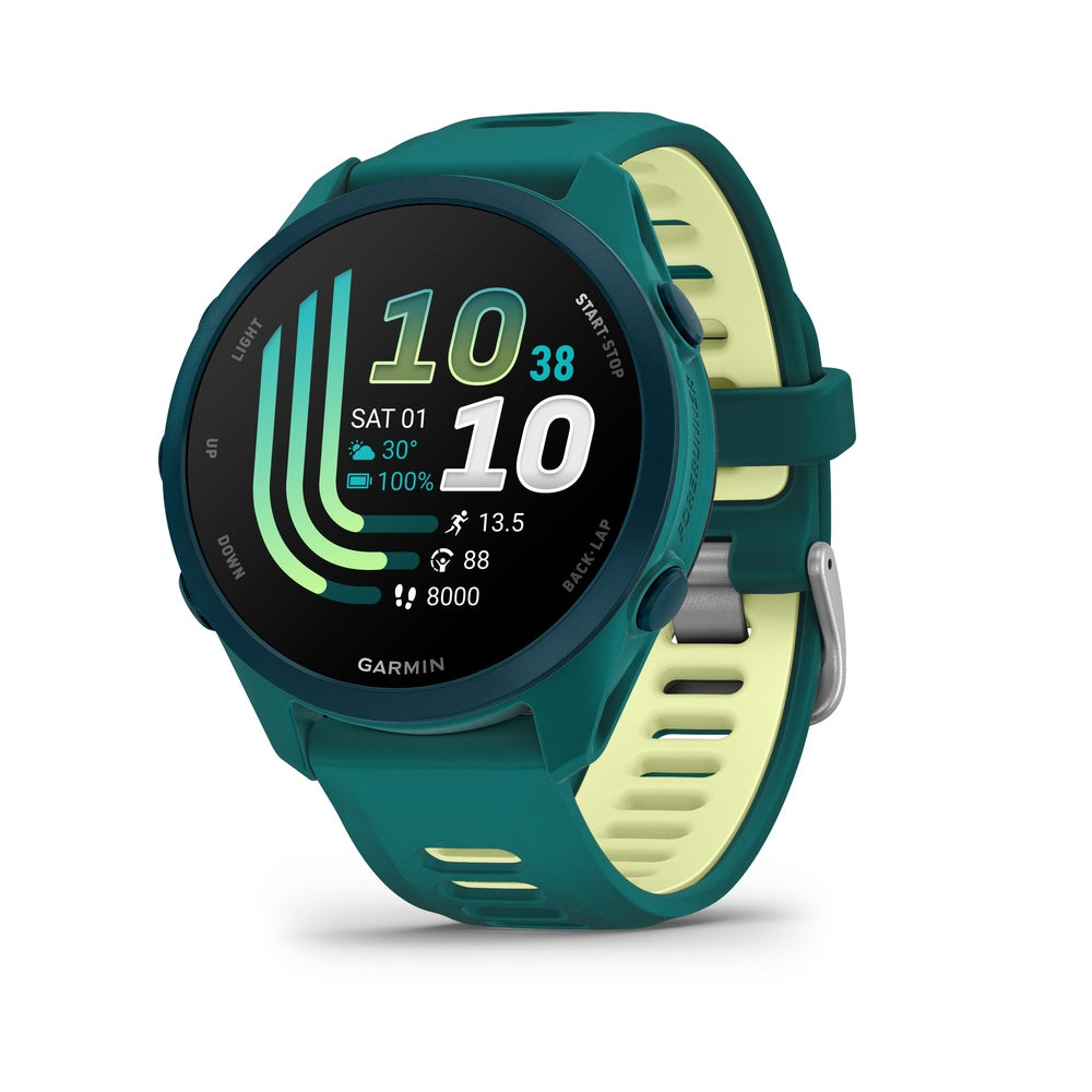 Garmin Forerunner 265 smartwatch in teal green with citron band showing running stats