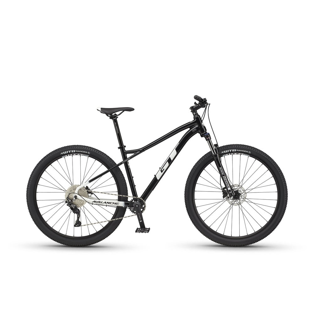 GT Avalanche Comp black mountain bike with 29-inch wheels on white background