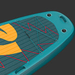 Retrospec Weekender Crew inflatable SUP board nose featuring teal deck, bungee storage system, and yellow graphic