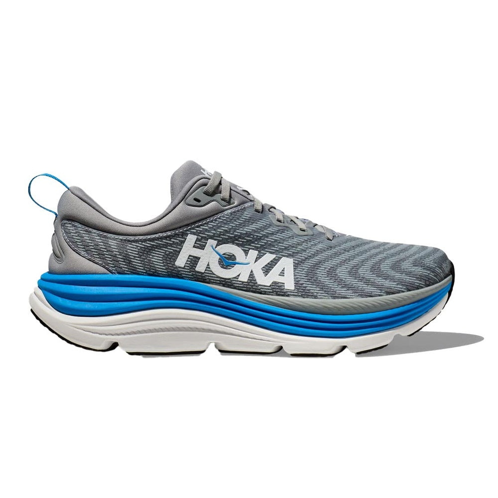 HOKA Gaviota 5 men's running shoe in Limestone and Diva Blue colorway, lateral view