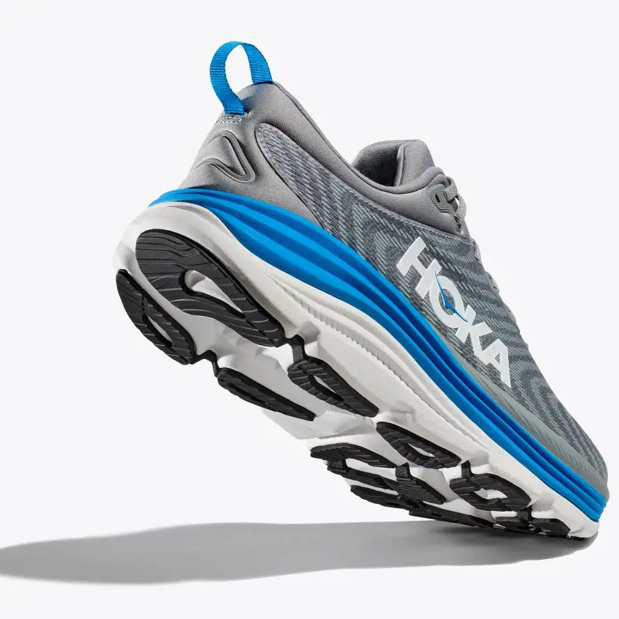 HOKA Gaviota 5 men's running shoe in gray and blue colorway, rear angle view