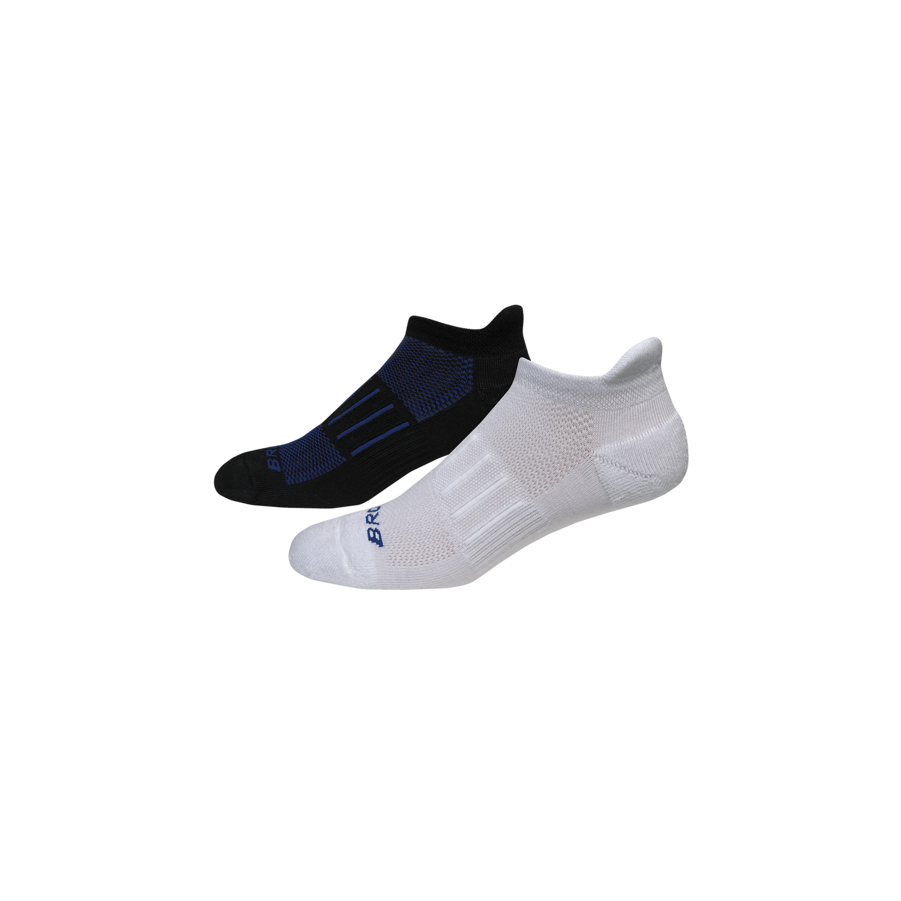 Brooks Ghost Midweight running socks in white-blue and black-blue colorways, two pairs shown