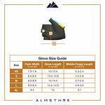 ALMSTHRE black padded short finger cycling gloves with sizing guide chart
