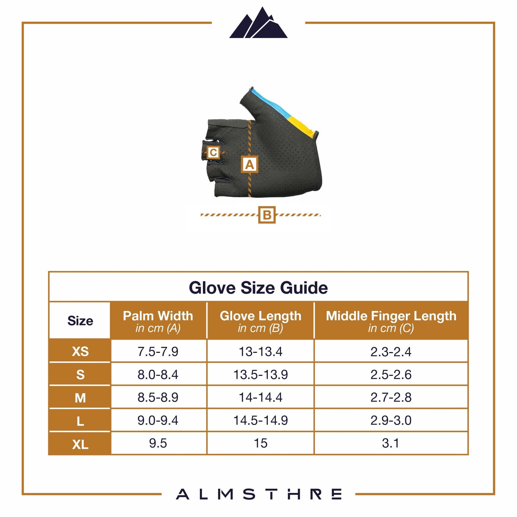 ALMSTHRE black padded short finger cycling gloves with sizing guide chart