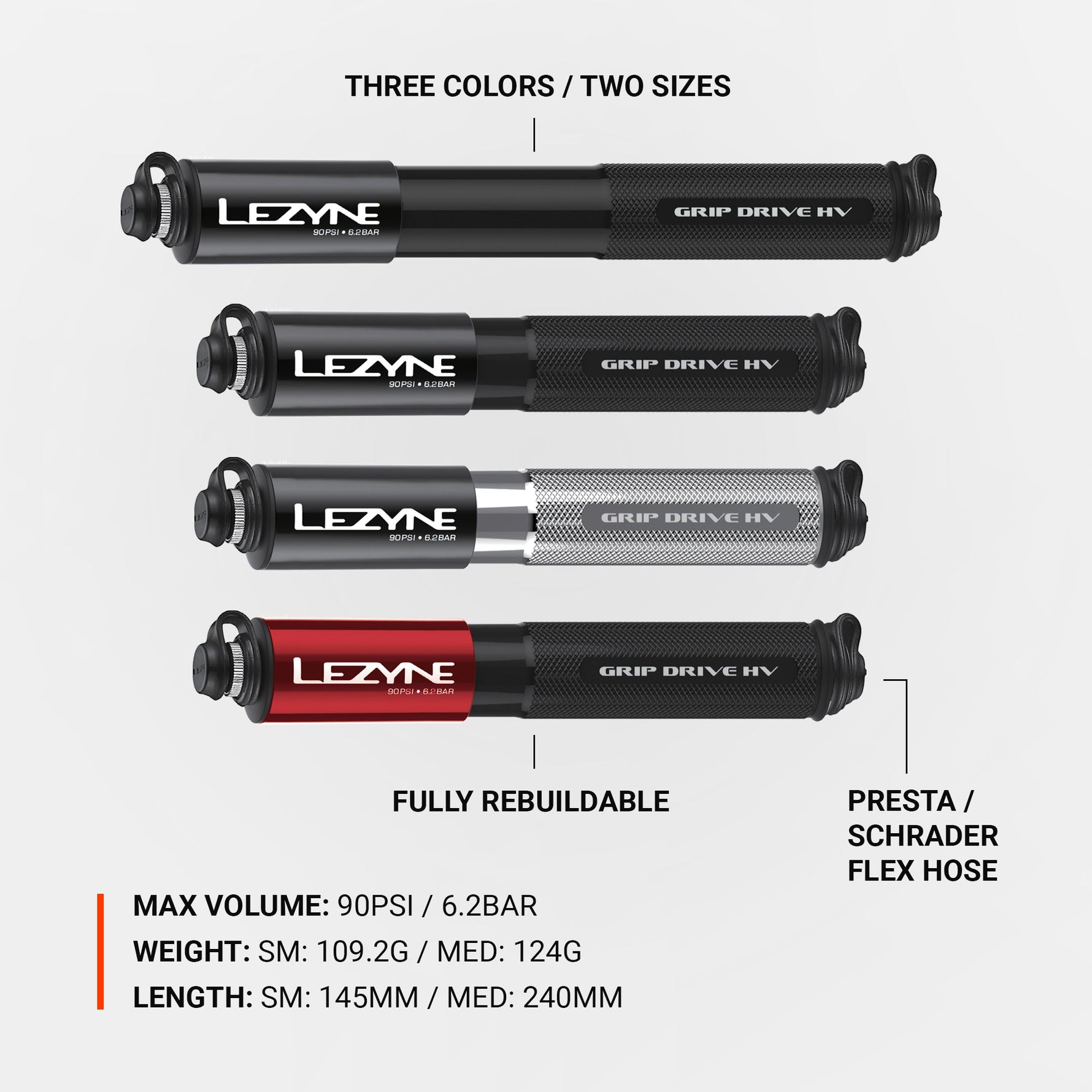 Lezyne Grip Drive HV mini pumps in multiple colors and sizes