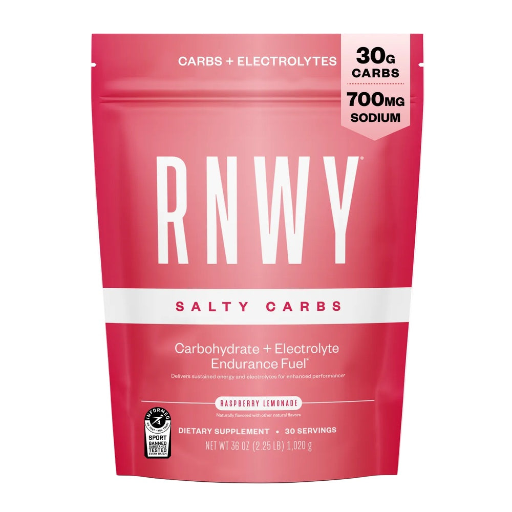 RNWY Salty Carbs raspberry lemonade carbohydrate electrolyte supplement package in pink
