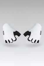 White cycling gloves with black palm grip and finger cutouts on gray background