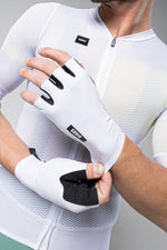 Gobik white cycling gloves with black grip pads on palm and fingers