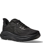 Hoka Clifton 10 Women's running shoe in all-black colorway, front three-quarter view