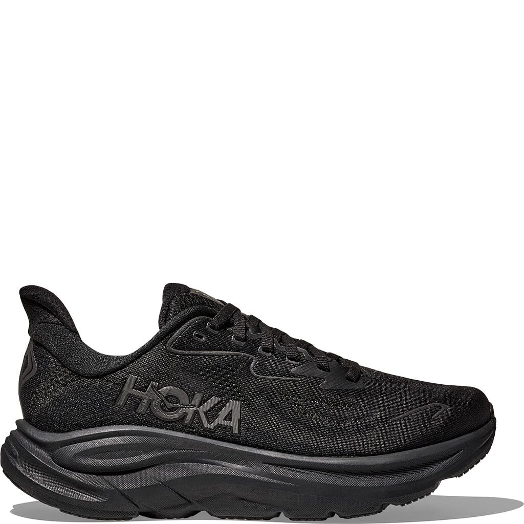Hoka Clifton 10 Women's black running shoe lateral side view with HOKA logo prominently displayed