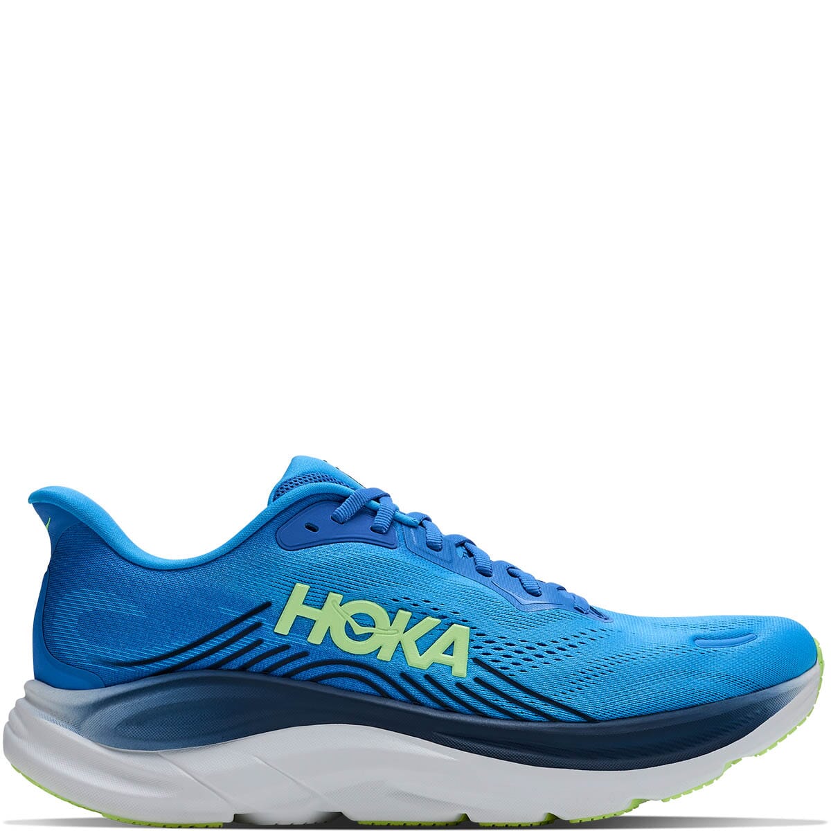 Hoka Clifton 11 medial side view showing HOKA branding in lime green on blue upper