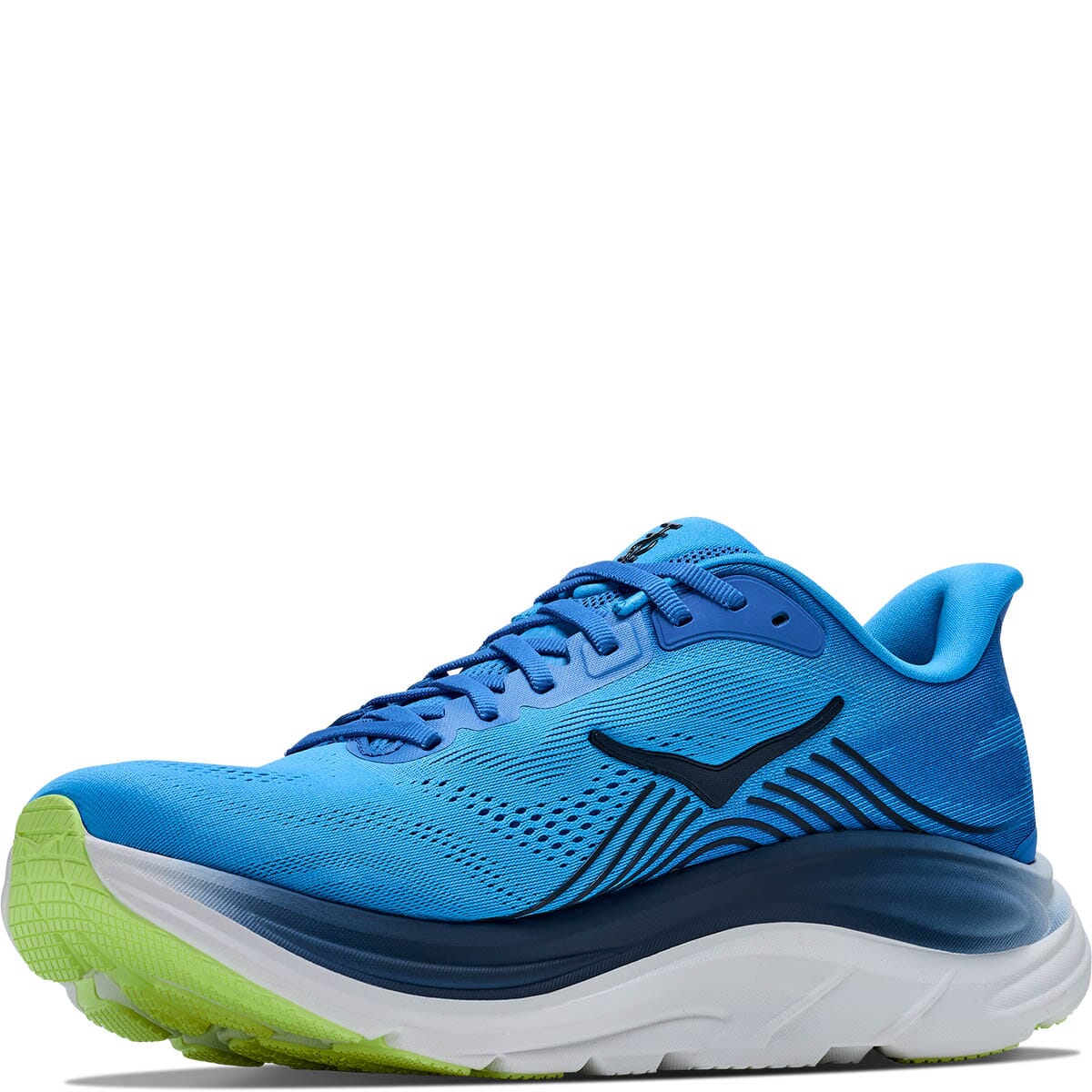 Hoka Clifton 11 three-quarter front view in Virtual Blue with Soft Cobalt accents