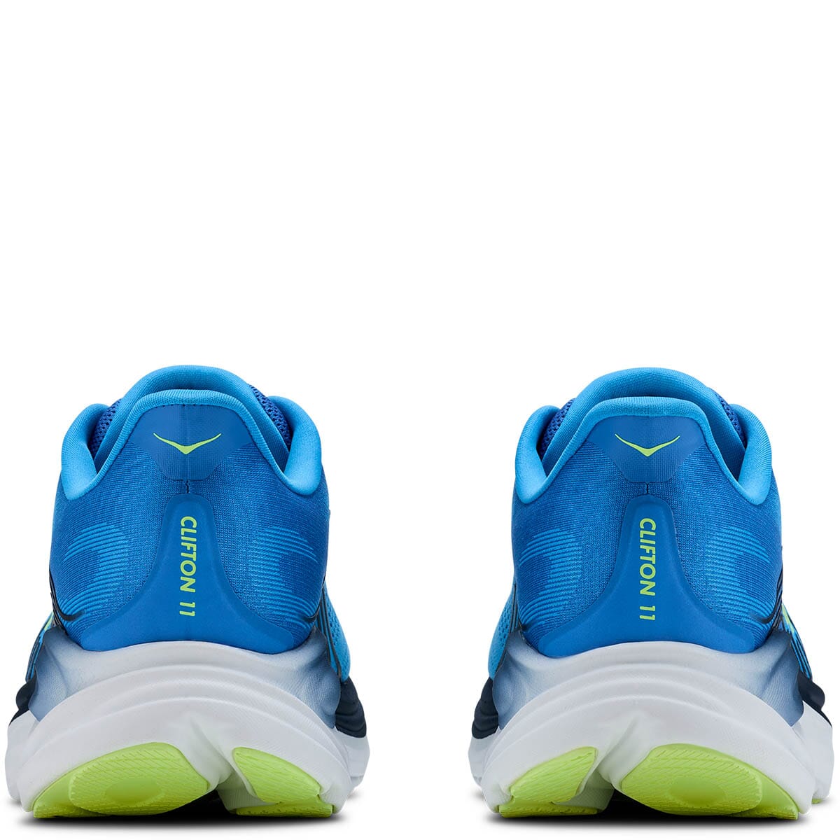 Rear heel view of Hoka Clifton 11 pair showing CLIFTON 11 text in Virtual Blue colorway