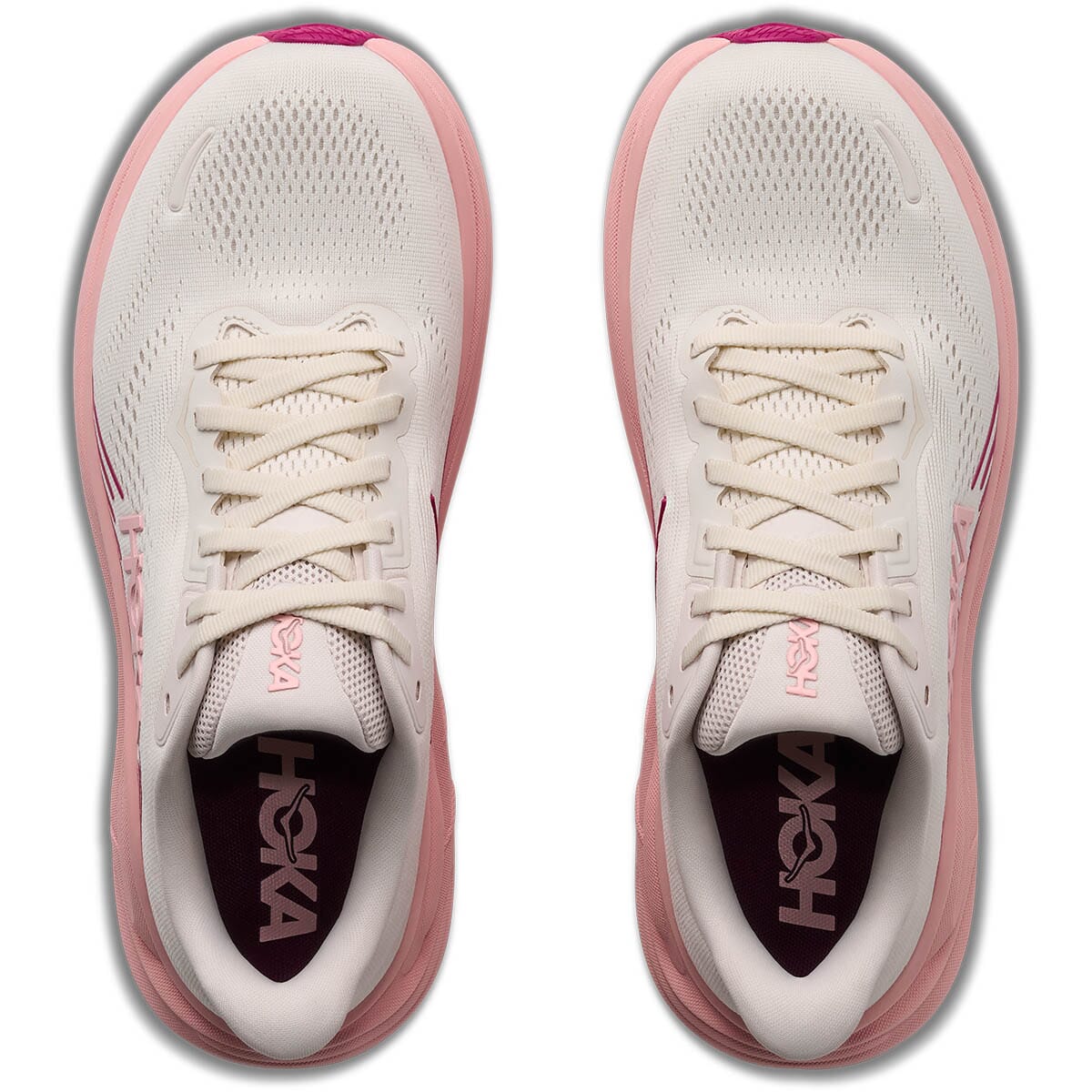 Hoka Clifton 11 women's running shoes top-down view showing lacing system and insole, pair
