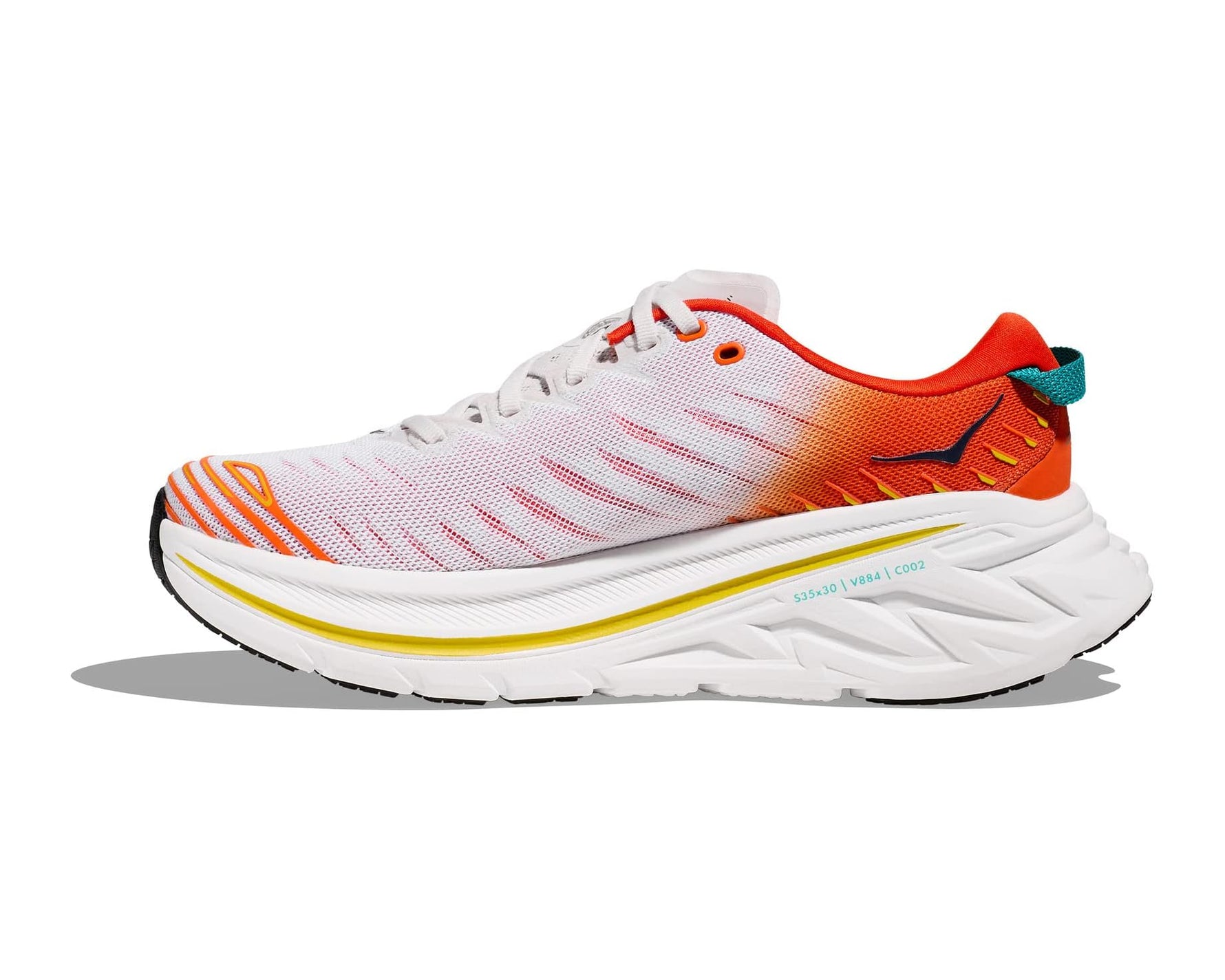 Hoka Bondi X men's running shoe in white with orange flame gradient design