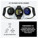 Garmin Forerunner 170 GPS running smartwatch in black and white colorways with multiple screen views