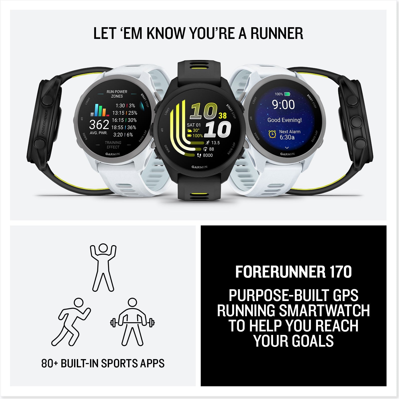 Garmin Forerunner 170 GPS running smartwatch in black and white colorways with multiple screen views