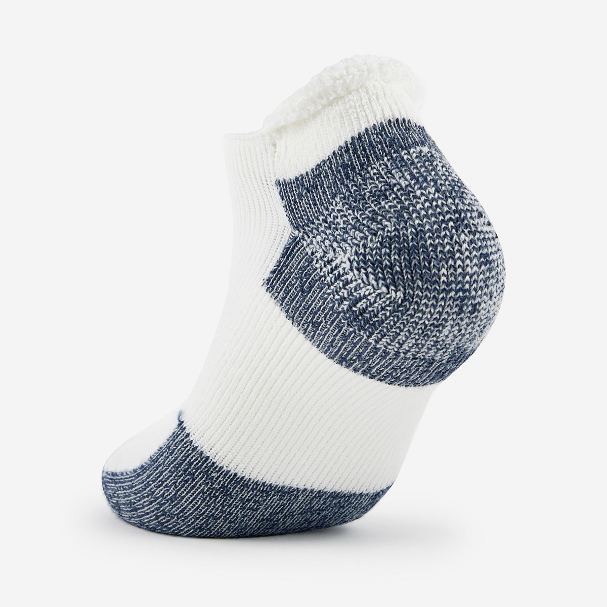Thorlo thick cushion running rolltop sock in white with navy blue heel and toe