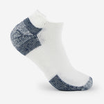 Thorlo white running rolltop ankle sock with navy blue cushioned heel and toe