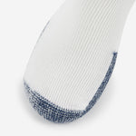 Thorlo thick cushion running rolltop sock in white with navy blue toe seam