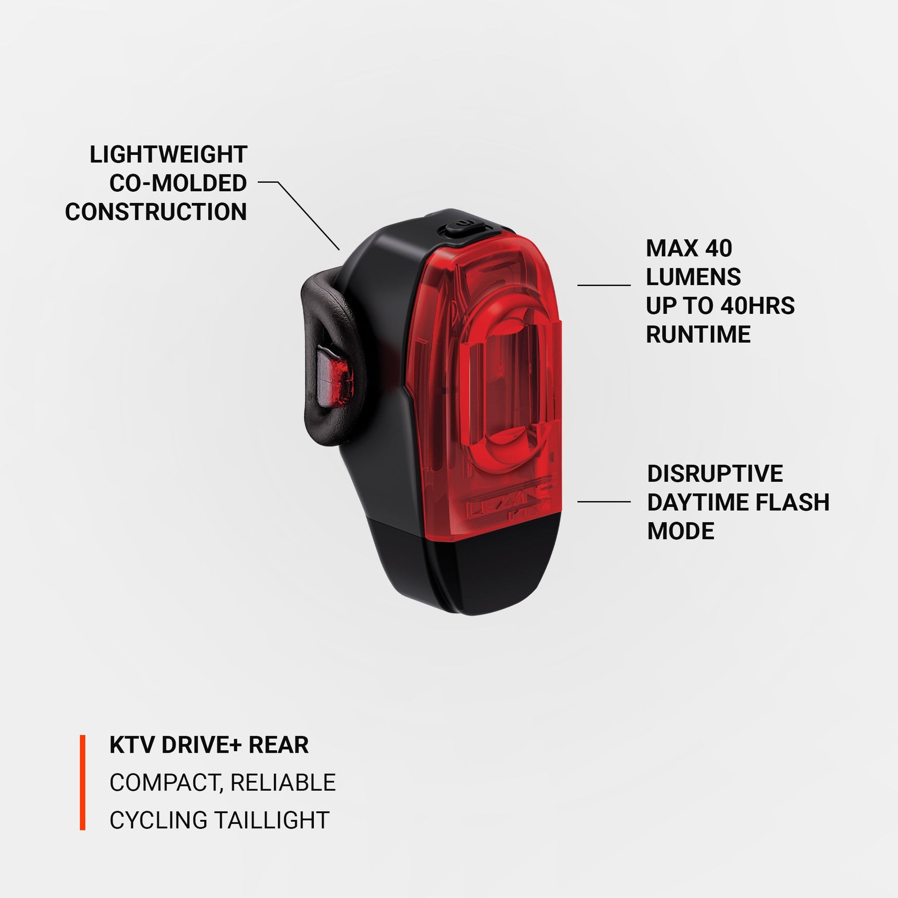 Lezyne KTV Drive+ rear bike taillight in black with red LED lens