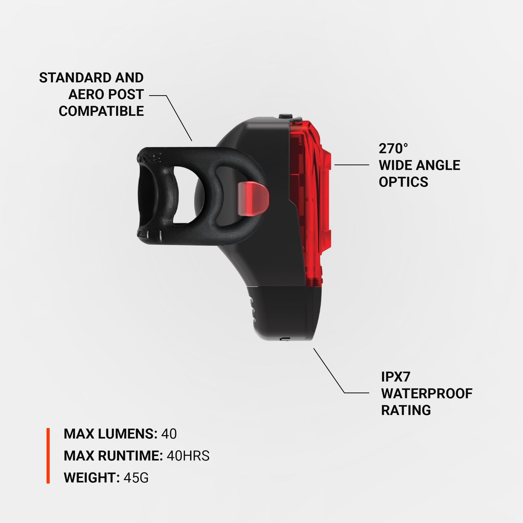 Lezyne KTV Drive+ rear bike light in black with red LED panel and technical specifications