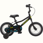 Retrospec Koda 12-inch black kids bike with training wheels and neon accents