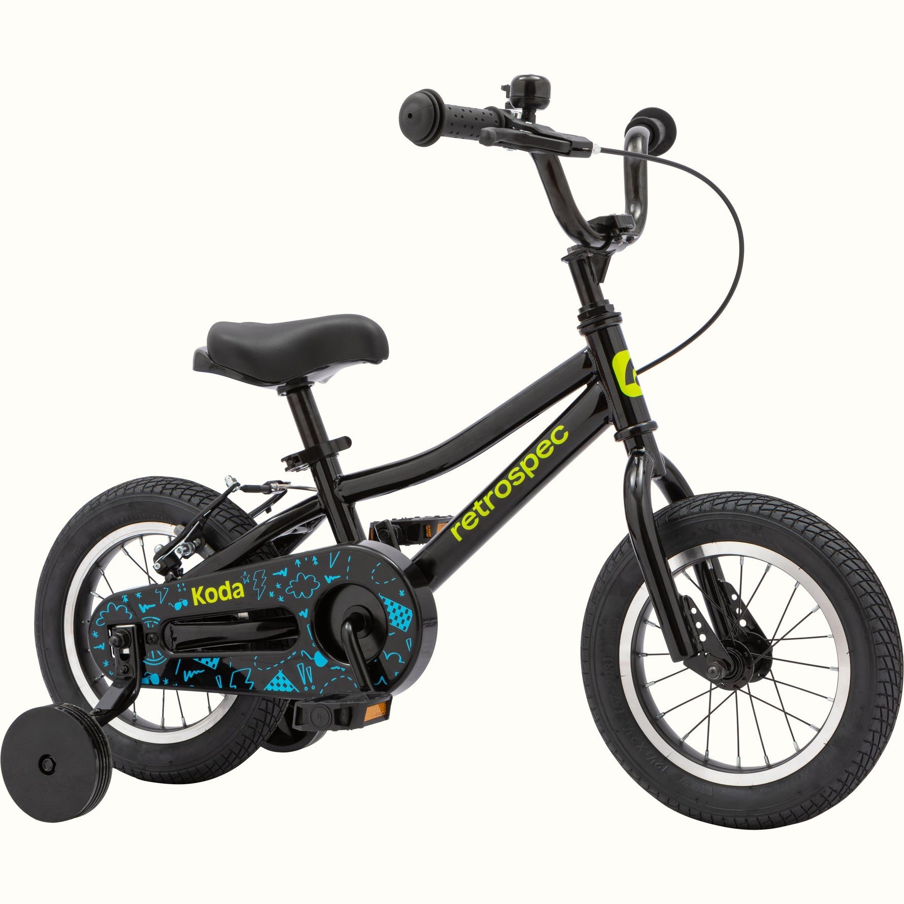 Retrospec Koda 12-inch black kids bike with training wheels and neon accents