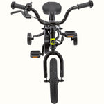 Retrospec Koda 12-inch black kids bike with neon yellow logo, front view with training wheels