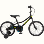 Retrospec Koda 16-inch black kids bike with training wheels and neon accents