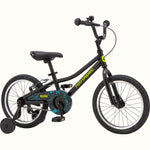 Retrospec Koda 16-inch black kids bike with training wheels and neon accents