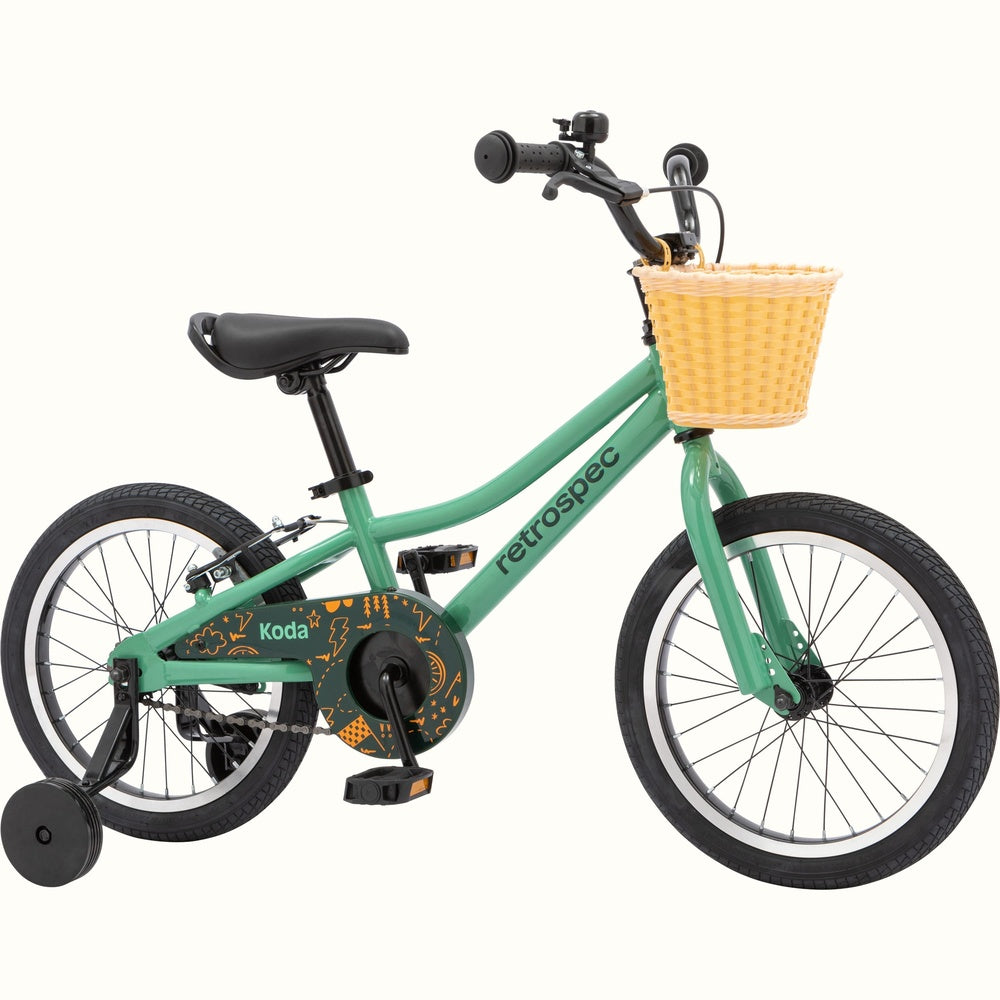 Retrospec Koda 16-inch kids bike in mantis green with wicker basket and training wheels