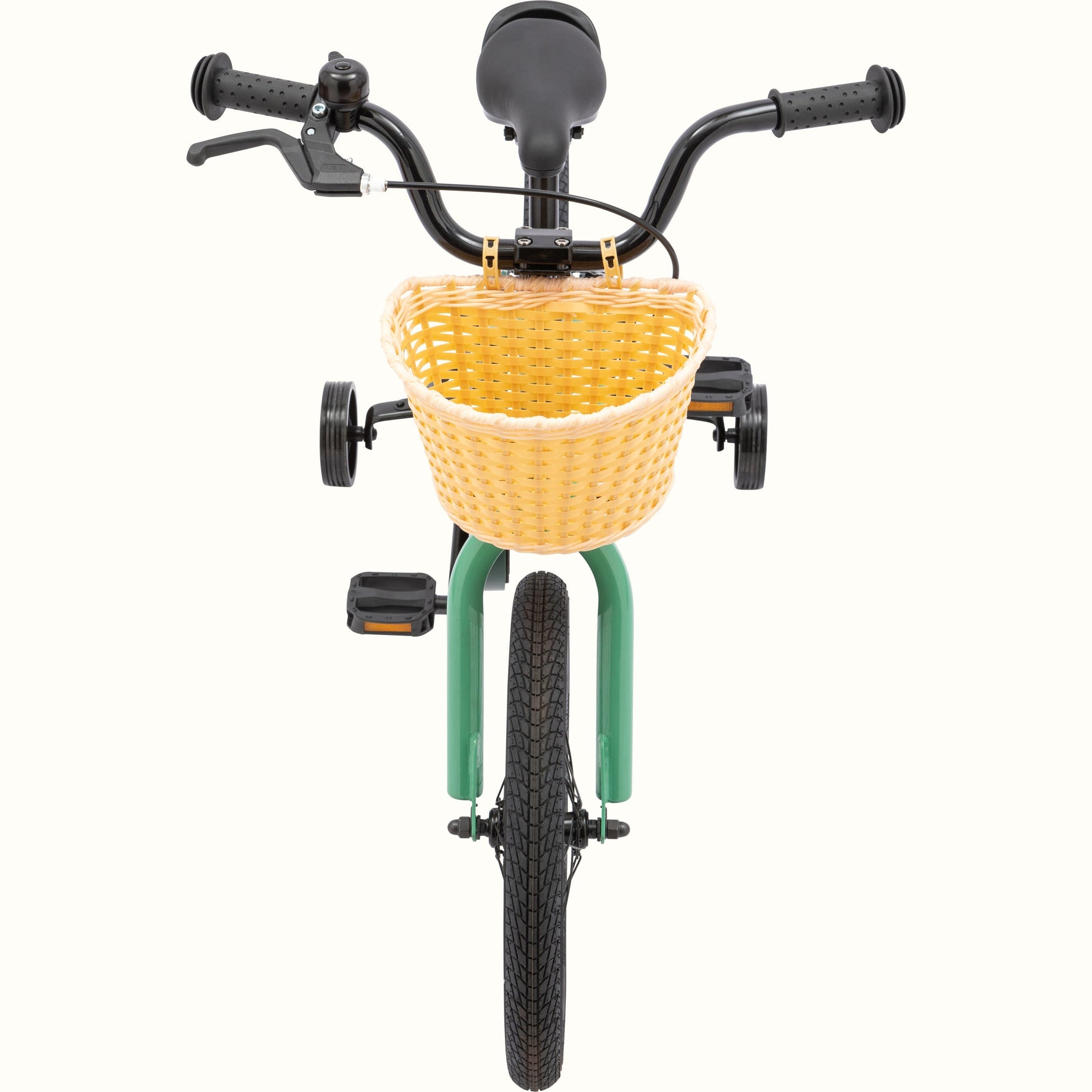 Retrospec Koda 16-inch kids bike in Mantis green with wicker basket and training wheels, front view