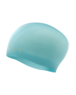 TYR Long Hair Silicone Swim Cap in mint green color with TYR logo