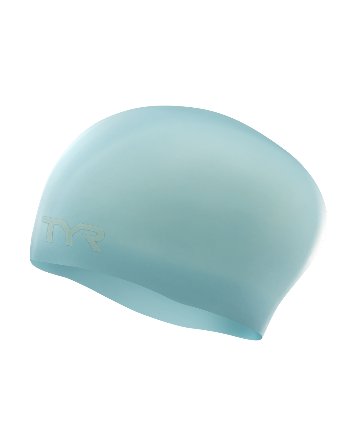 TYR Long Hair Silicone Swim Cap in turquoise with brand logo