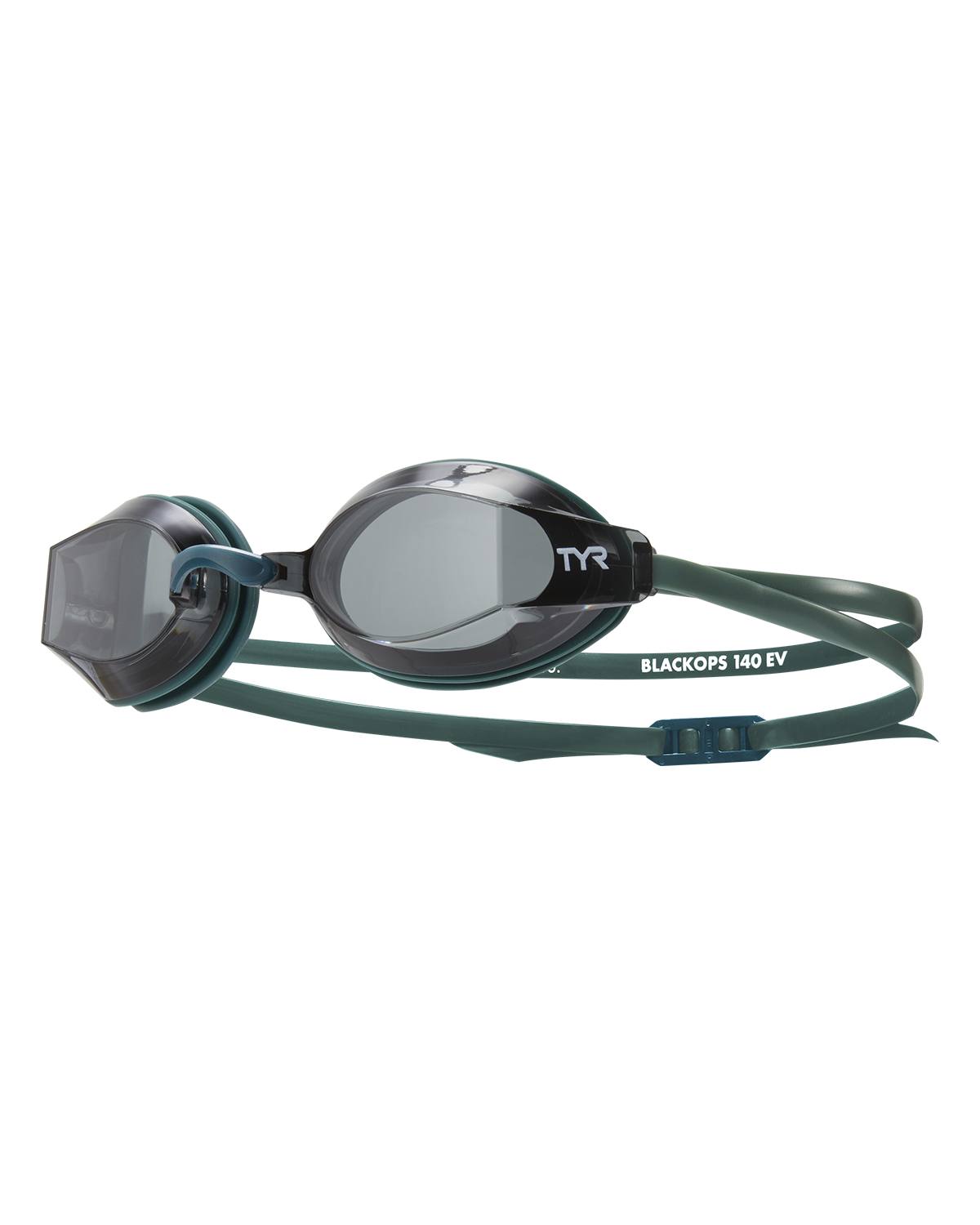 TYR Black Ops 140 EV racing goggles with dark green straps and smoke lenses