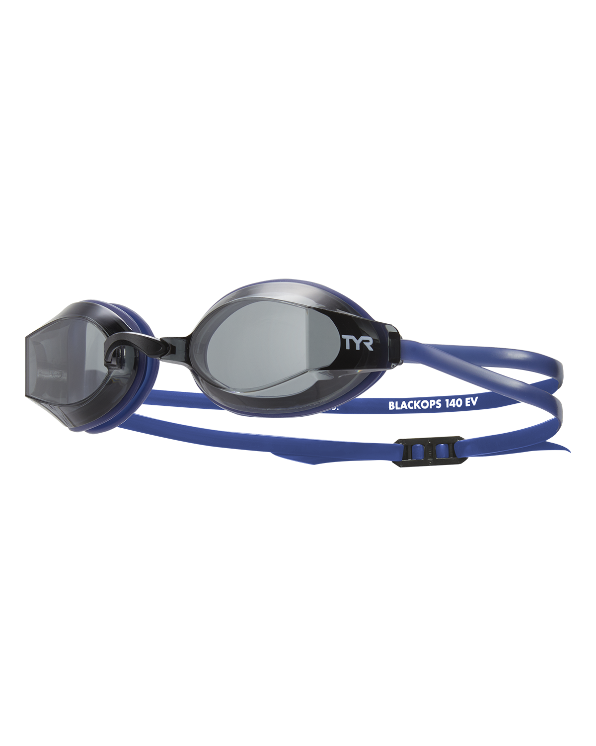 TYR Black Ops 140 EV racing goggles with navy blue straps and smoke lenses