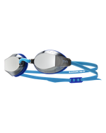 TYR Black Ops 140 EV racing goggles with blue straps and mirrored lenses