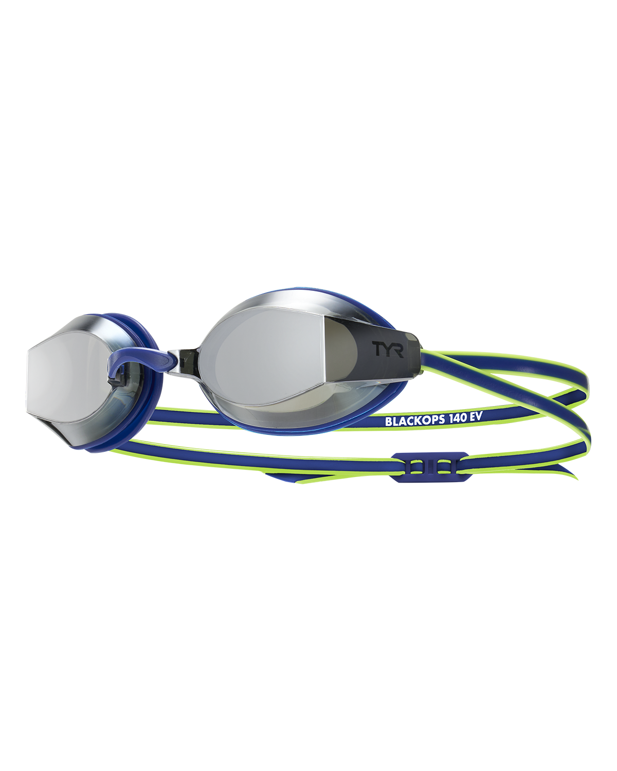 TYR Black Ops 140 EV racing goggles with blue yellow straps and mirrored lenses