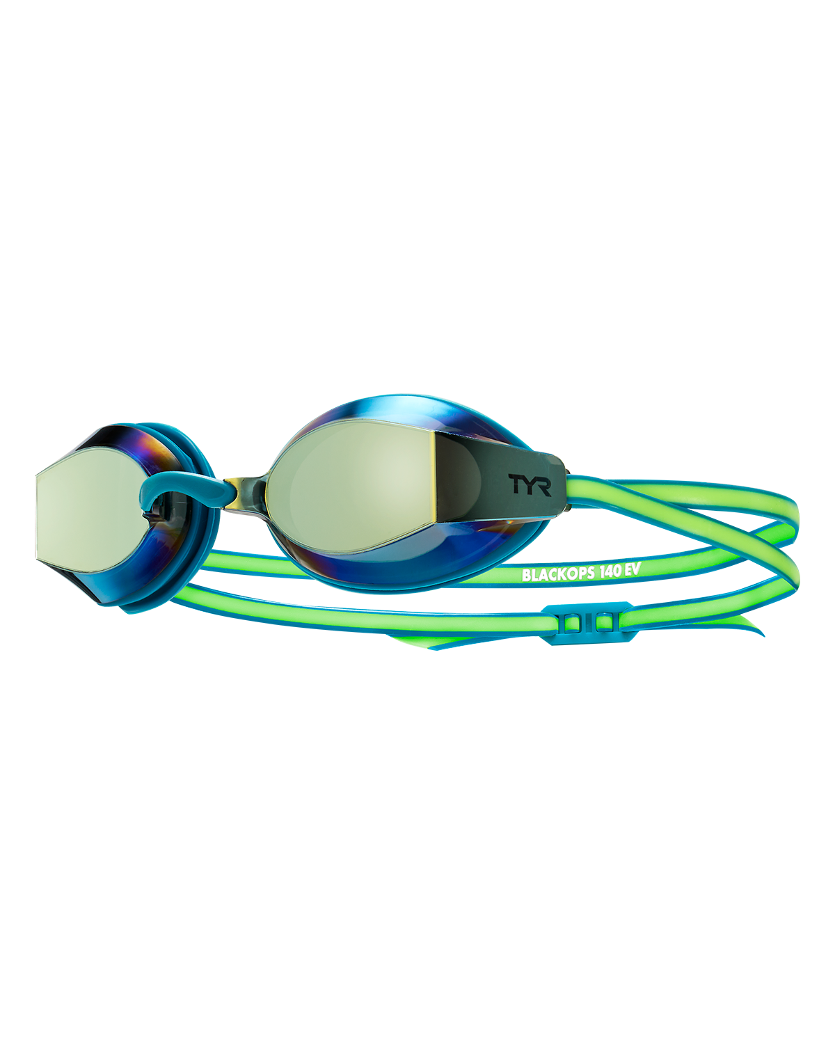 TYR Black Ops 140 EV racing goggles with mirrored lenses and teal-green design