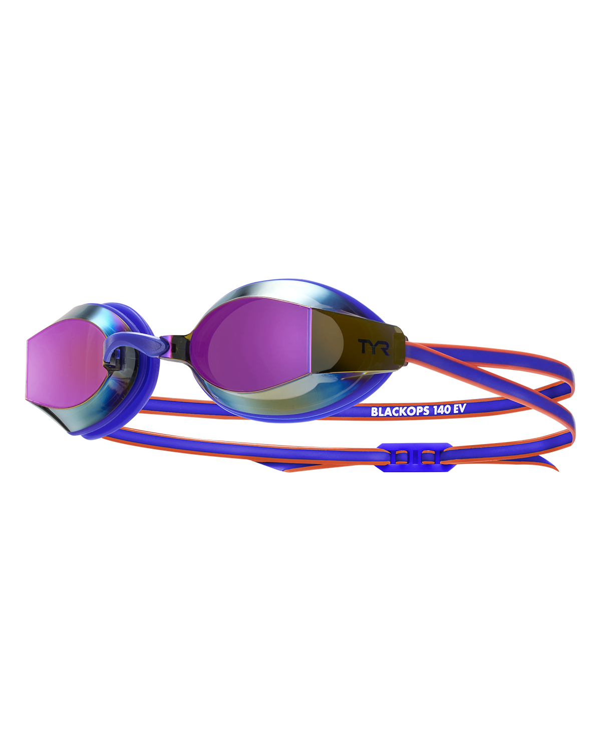 TYR Black Ops 140 EV racing goggles with blue frame and mirrored purple lenses