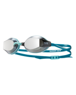 TYR BlackOps 140 EV racing goggles with blue straps and mirrored lenses